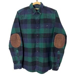 J.Crew Flannel Shirt Mens S Green Navy Buffalo Check Cotton Wool Elbow Patch